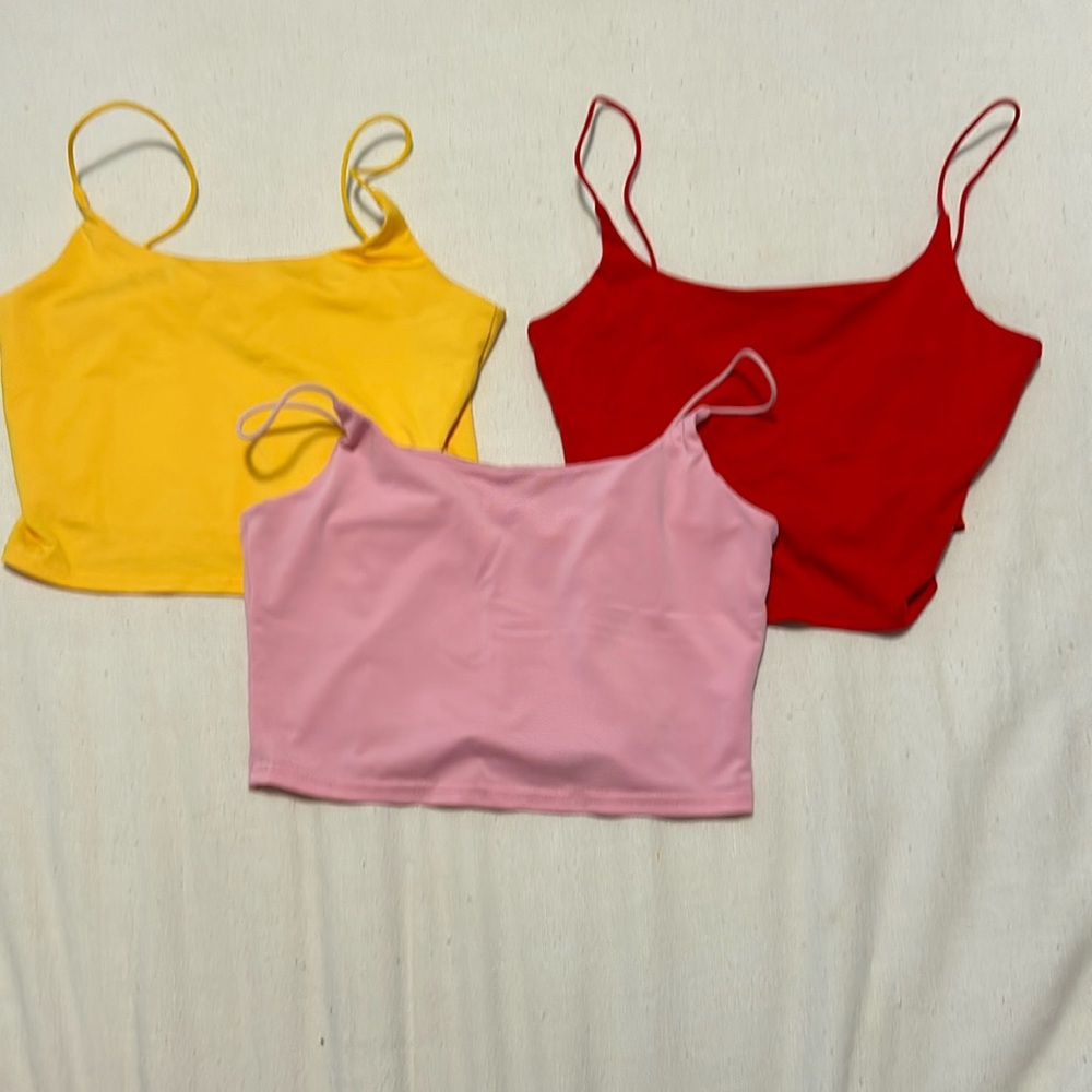 3 S tops, great condition, worn 1 time, double lined, Red, Yellow, Pink